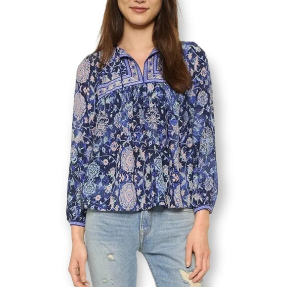 Rebecca Taylor  Silk Dreamweaver Paisley Bohemian Peasant Blouse Indigo Size 6 - Picture 1 of 16